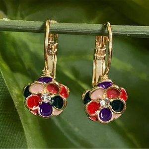 Gold Tone Enamel Flower Lever Back Earrings